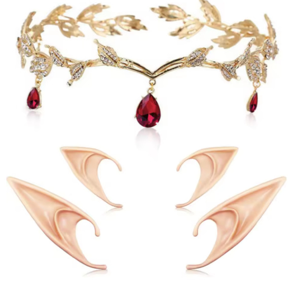 Gold Laurel Tiara Crown Headband - Red Green Clear Iridescent Stones + Elf Ears - Picture 4 of 4